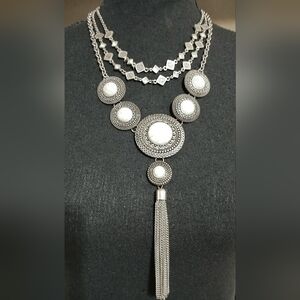 Statement Necklace, Custom Jewelry in Silver-tone with Aztec Detail